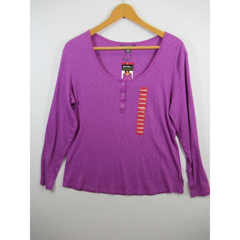 NEW Eddie Bauer Scoop Neck Henley Top Women XL Purple Long Sleeve Snap